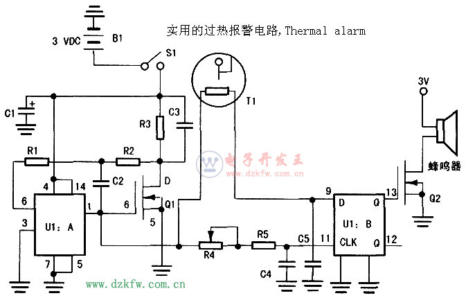 實(shí)用的過(guò)熱報(bào)警電路,Thermal alarm